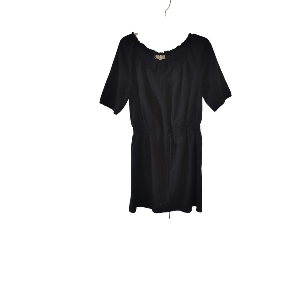 Ann Taylor LOFT Black Smocked Neck Short Sleeve Elastic Waist Dress Medium